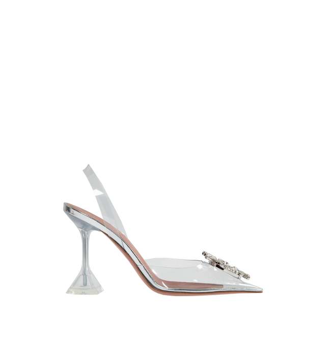 Image 1 of 4 - NEUTRAL - AMINA MUADDI Begum Glass Sling Shoes have a kick flare, covered pedestal heel, crystal-embellished accent and slingback strap with elastic insert. PVC outer material. Leather lining and sole. Made in Italy.  