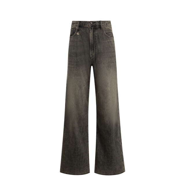 Image 1 of 3 - BLACK - R13 Damon Pleated Wide Leg Jean featuring zip fly with button closure, 5-pocket design, pleated fabric details at waist, whiskering along front and heavily faded and lightly distressed throughout. 100% cotton. Made in Italy.