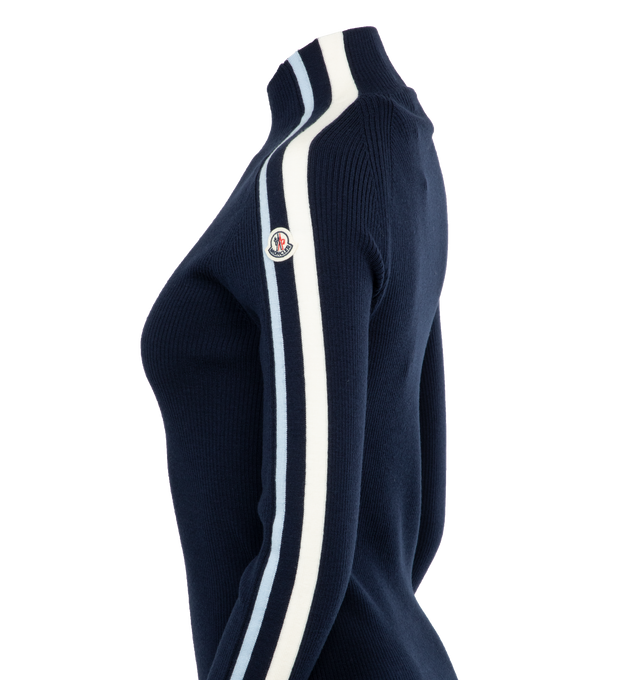 Image 3 of 4 - NAVY - MONCLER Wool Zip-Up Turtleneck Sweater ribbed knit, zipped turtleneck and bicolor logo band. 98% wool, 1% elastane/spandex, 1% polyamide/nylon. Made in Italy. 