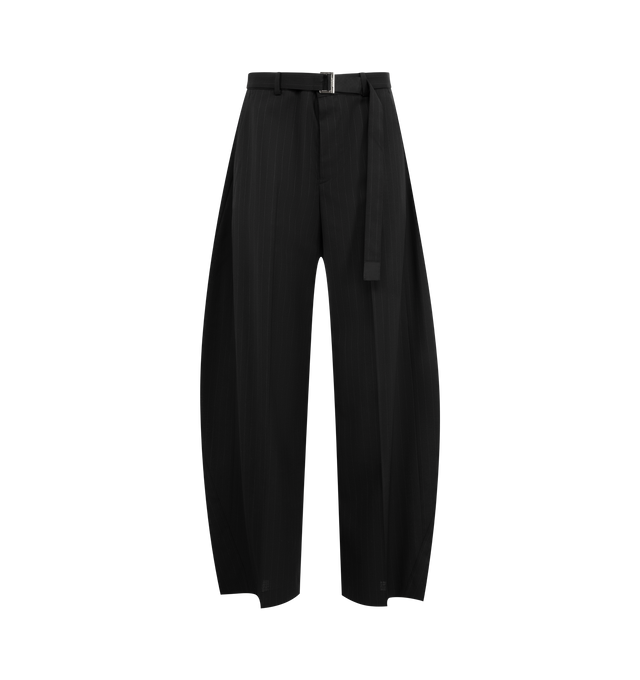 Image 1 of 3 - BLACK - SACAI Chalk Stripe Pants featuring wide-leg pinstripe pants, front and back pleats, back buttoned welt pockets and an attached belt with Sacai branded hardware. 70% polyester, 30% wool. Made in Japan.