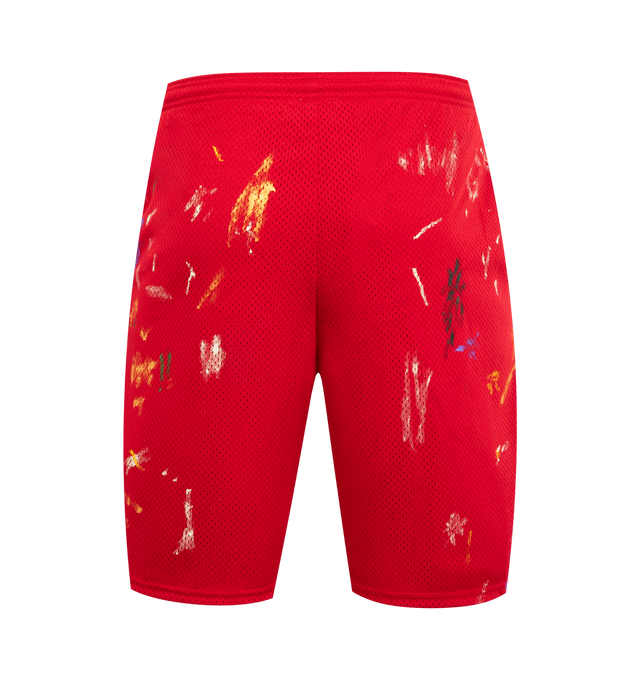 Image 2 of 3 - RED - GALLERY DEPT. Studio Gym Shorts featuring breathable mesh shorts with a logo print, elasticated waistband, paint-splatter details, an inner drawstring, and front slip pockets. Mesh.