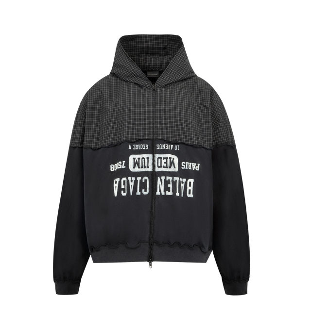 Image 1 of 3 - BLACK - BALENCIAGA Patched Hooded Jacket featuring front two-way zip fastening, two front pouch pockets, hood and ribbed cuffs and hem. Made in Italy.