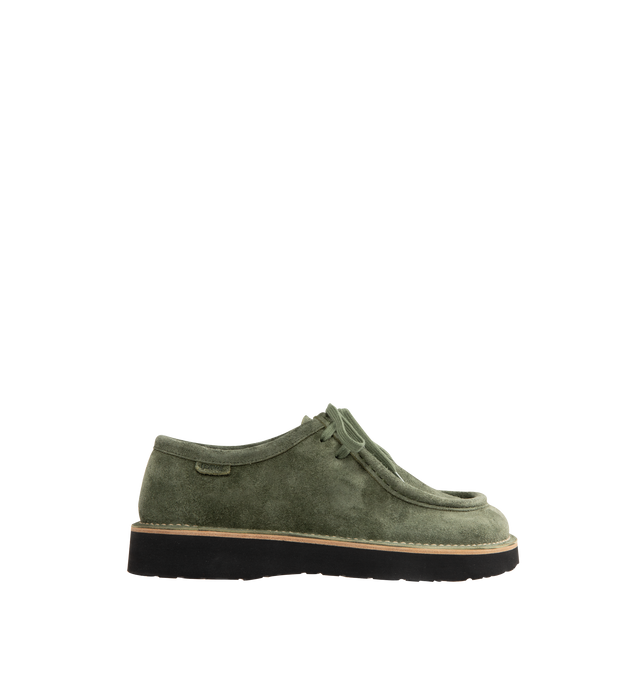 Image 1 of 4 - GREEN - LOEWE Faro lace-up in suede calfskin featuring a moc-toe construction and a bulky toe shape outlined by suede piping, flat cotton laces and a lightweight rubber sole. Calf suede. Made in Italy.