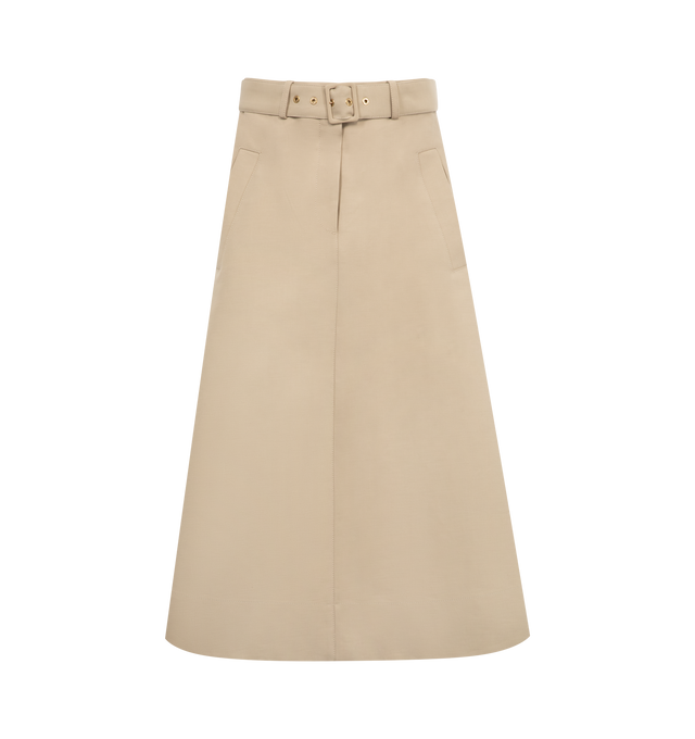 Image 1 of 3 - BROWN - MONCLER Cotton Midi Skirt featuring double cotton, detachable belt, zipper closure, side pockets, adjustable side slits and leather logo patch. 100% cotton.