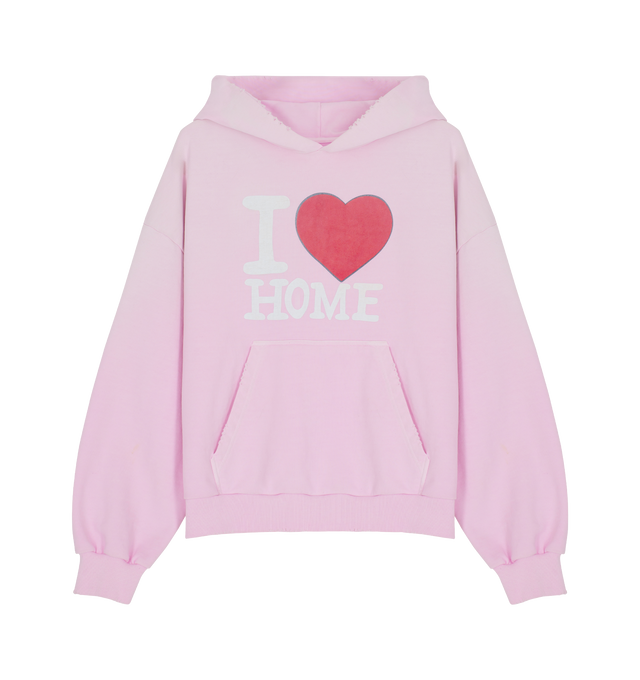 Image 1 of 2 - PINK - LIEM X HIRSHLEIFERS I Love Home Pullover featuring fixed hood, ribbed cuffs and hem, kangaroo pocket and screen print on front back and hood. 100% cotton.