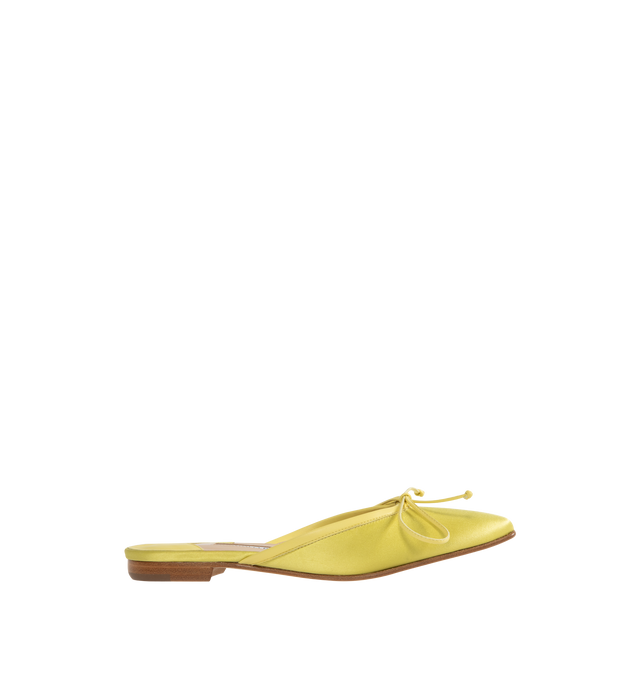 Image 1 of 4 - GREEN - Manolo Blahnik Satin Bow Ballerina Flats in a slide-on style featuring grosgrain trim and bow accent, 10 mm flat heel, almond toe, leather outsole and leather lining. Made in Italy.