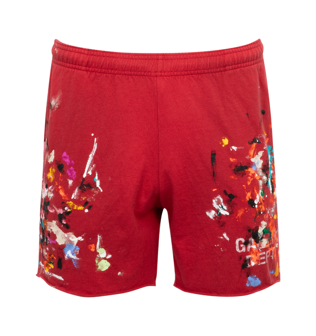 Image 1 of 3 - RED - GALLERY DEPT. Insomnia Shorts featuring a heavyweight cotton jersey construction with a relaxed, above-the-knee cut and raw-edged hems, deep pockets, an exposed elastic waistband, and an adjustable internal drawcord for versatility. Hand-painted splatters adorn the sturdy yet breathable fabric, finished with the classic logotype on the right leg. 100% heavyweight cotton. 