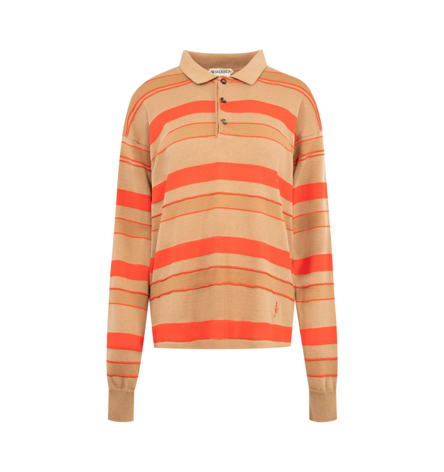 Image 1 of 2 - ORANGE - JW Anderson knitted striped rugby polo top in contrast biscuit matte cotton and high-shine viscose, featuring anchor logo embroidery with horn buttons. 45% Cotton, 29% Viscose, 26% Wool. Made in Italy.