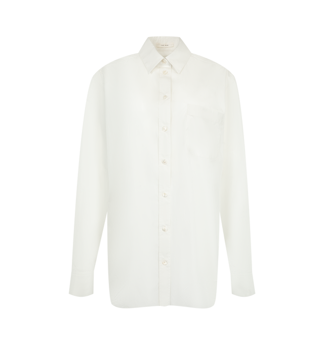 Image 1 of 2 - WHITE - The Row Women's Gavina Shirt featuring classic button-up shirt in smooth sea island cotton chambray with front patch pocket, slim back yoke and exposed front button placket. 100% cotton. Made in Italy.