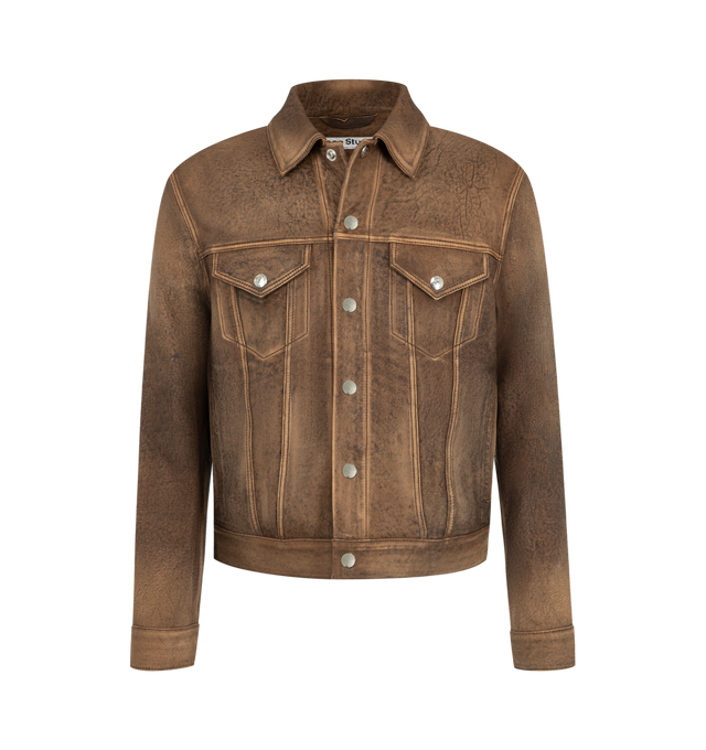 Image 1 of 3 - BROWN - Acne Studios Men's Vintage Leather Jacket is crafted from full-grain lamb leather treated for a vintage appearance and features a regular-fit silhouette that falls below the waist. Designed with a classic collar, chest pockets with snap-button flaps, side pockets, adjustable waist straps, and a branded snap-button front closure, this refined outerwear style is finished with an embossed Acne Studios logo at the back neckline. Main Material: 100% Lamb Leather.