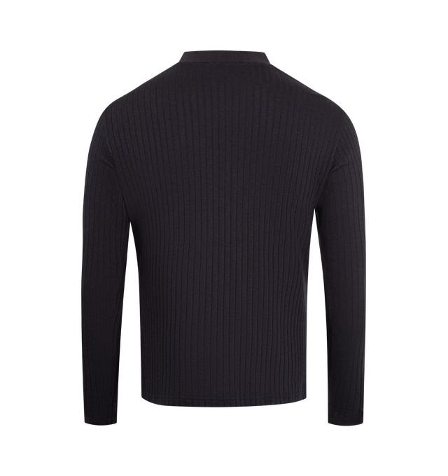 Image 2 of 3 - NAVY - WALES BONNER Roots Polo Sweater featuring a soft, ribbed-knit fabric with a smart polo collar, accented with stripe detailing along the arms and subtle logo embroidery. 64% lyocell, 31.5% cotton (organic), 4.5% elastane. Made in Portugal.