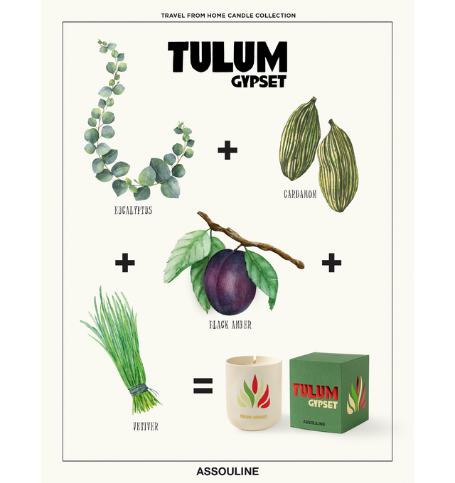 Image 5 of 5 - MULTI - Assouline Tulum Gypset - Travel From Home Candle. The serene Caribbean shores of Tulum embrace earthy aromas of eucalyptus, black amber, sage, and black pepper, harmonizing with the warmth of spicy cardamom for a tranquil ambiance. Material: Ceramic Vessel. Wax Family: Soy, Coco, Paraffin Blend. Approximate Burn Time: 50 Hours. Weight: 11.25 oz (318.02 g). Dimensions: 4 x 3.37 in (10.16 x 8.56 cm).