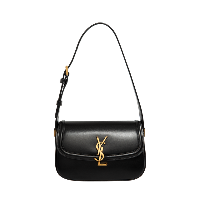 Image 1 of 3 - BLACK - SAINT LAURENT Solferino Mini Bag featuring box leather with a CASSANDRE closure, fully lined in leather, rounded lines, an adjustable strap for shoulder wear and bronze-tone hardware. 7.5" x 4.7" x 3". Calfskin. Made in Italy.