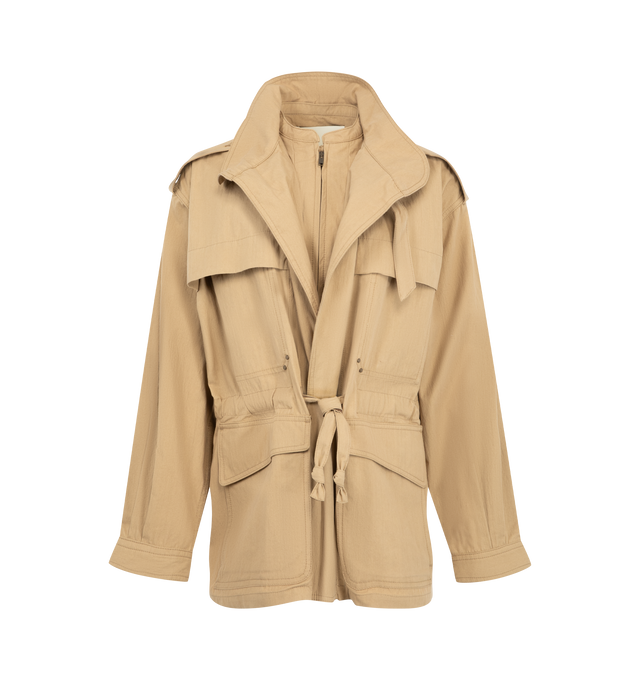 Image 4 of 4 - NEUTRAL - Isabel Marant Womens Adelys Jacket is crafted from textured cotton gabardine. Features a cropped trench silhouette, concealed front zip closure, double lapel collar with tab and metal ring, dropped shoulders with button tabs, buttoned cuffs, gusseted flap pockets, patch chest pockets, adjustable tie belt at the waist, back storm flap, and tonal topstitching. Main Material: 74% Cotton, 26% Polyamide. Made in Morocco.