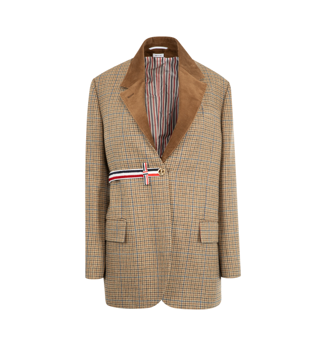Image 1 of 3 - BROWN - THOM BROWNE Gunclub Check Cheviot Tweed Sportcoat featuring narrow shoulders, double-layered construction, front button closure with striped grosgrain bow, 4-bar detailing, 2 front flap pockets, single chest pocket, buttoned cuffs with signature striped grosgrain trim, interior pocket with name tag, removable sleeves, reversible and signature striped grosgrain loop tab. 100% wool. 100% cotton. Lining: 100% cupro. Made in Italy.