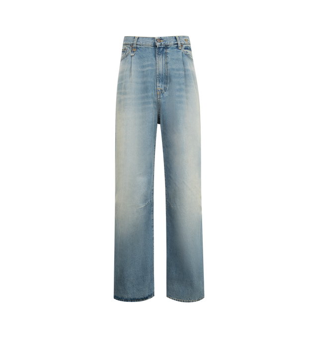 Image 1 of 3 - BLUE - R13 Wayne Articulated Knee Jeans featuring non-stretch denim, low waist, cut with an oversized wide leg and a puddle hem. 100% cotton.