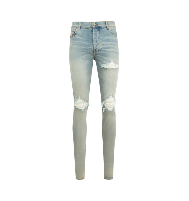 Image 1 of 3 - BLUE - AMIRI MX1 Ultrasuede Jeans featuring Italian stretch denim, hand-distressed and repaired with pleated suede, five-pocket detailing and zip fly with button closure. 92% cotton, 6% elastomultiester, 2% elastane. Made in the USA.