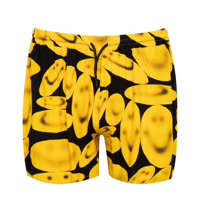 Image 1 of 3 - YELLOW - MARKET Smiley Afterhours Easy Shorts featuring elastic drawstring waistband, side slant pockets and lightweight jersey fabric. 100% rayon. Made in China. 