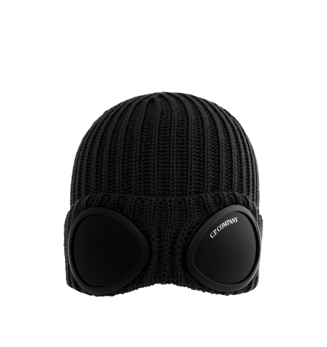 Image 1 of 2 - BLACK - C.P. COMPANY Extra Fine Merino Wool Goggle Beanie featuring turn-up brim, ribbed knit and Goggle lenses. 100% wool.