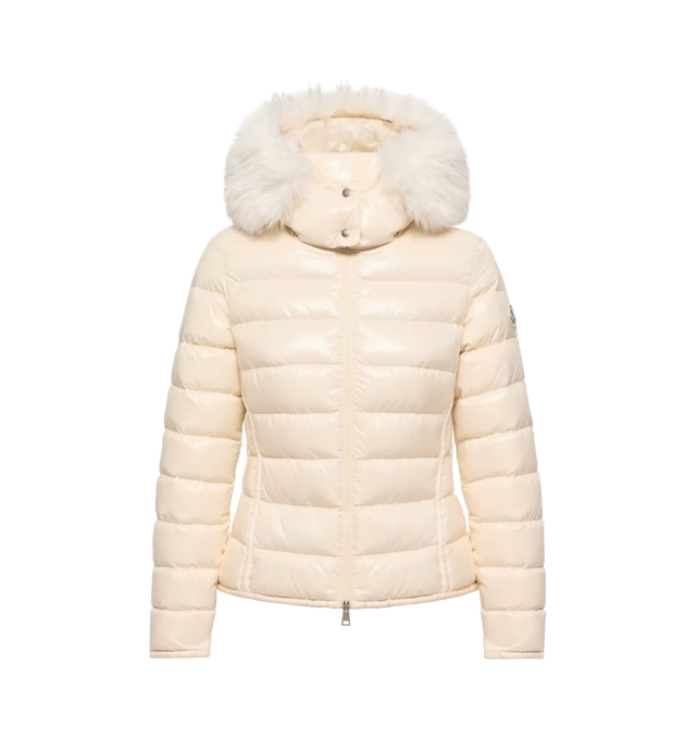Image 1 of 1 - NEUTRAL - Moncler Women's Badyeffe Hooded Short Down Jacket is crafted from glossy nylon laqu and features a slim-fit silhouette that reflects the houses signature clean, graphic aesthetic. This down-filled puffer is designed with a detachable hood and detachable faux fur trim, allowing for versatile styling across changing conditions. Finished with a front zip closure, zipped pockets, adjustable elasticized cuffs with snap-button closures, and a signature logo patch at the sleeve, the jacket