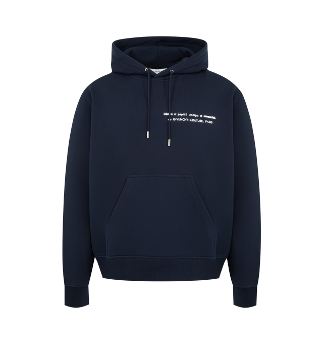 Image 1 of 2 - NAVY - GIVENCHY Couture Seam Regular Fit Hoodie featuring drawstring hood, kangaroo pocket, ribbed hem and cuffs and text graphic on front and back. 100% cotton.
