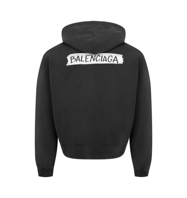 Image 2 of 2 - BLACK - BALENCIAGA Masking Tape Oversized Zip-Up Hoodie featuring dry fleece, worn-out details, hood with drawstring, dropped shoulders, double-ended zip fastening, 2 front pockets, elasticated cuffs and waistline, masking tape artwork on chest and back and dirty effect. 100% cotton. Made in Portugal.