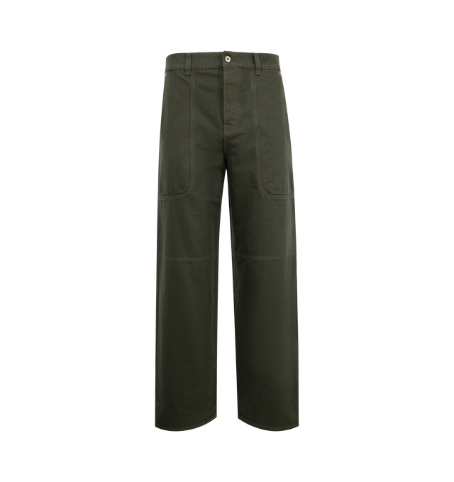 Image 1 of 3 - GREEN - Loewe men's trousers in medium-weight garment-dyed cotton twill featuring carpenter pockets at the front and buttoned cargo pockets at the rear. Relaxed fit, regular length with mid waist, straight leg, concealed button fly, rear welt pocket and LOEWE embossed leather patch placed at the back. Made in Italy.