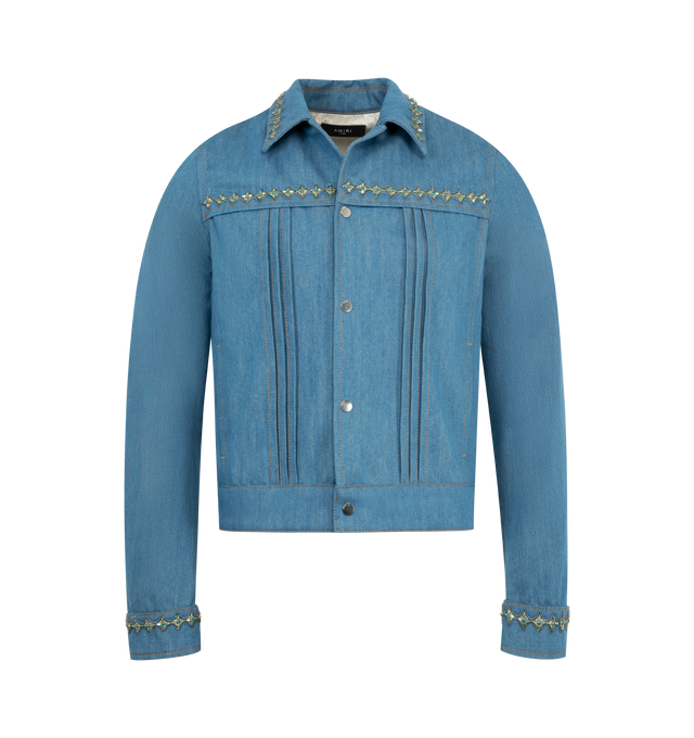 Image 1 of 3 - BLUE - AMIRI Pleated Crystal Denim Cadet Jacket featuring medium-wash denim, crystal-embellished trims, yoked shoulders, spread collar, button closure, pleated front and long sleeves with buttoned cuffs. 100% cotton. Made in Italy.