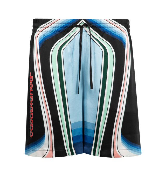Image 1 of 3 - MULTI - CASABLANCA Graphic Mountain Silk Shorts featuring an all-over printed design, silk satin fabric, an elasticised waistband, drawstring fastening, in-seam side pockets, and a back pocket. 100% silk. Made in Italy.