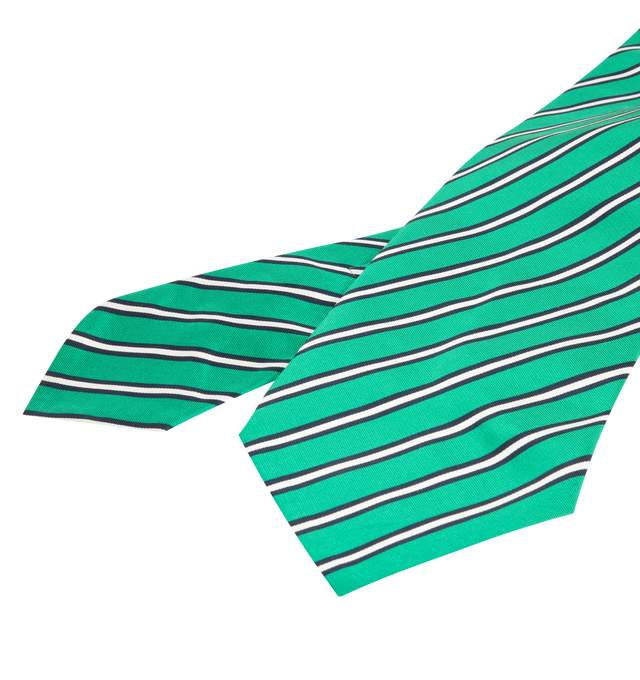 Image 3 of 3 - GREEN - THOM BROWNE Silk Cotton Mogador Tricolor Wide Tie featuring RWB grosgrain trim, name tag appliqu and tricolor stripe. 56% silk, 44% cotton. Made in Italy.