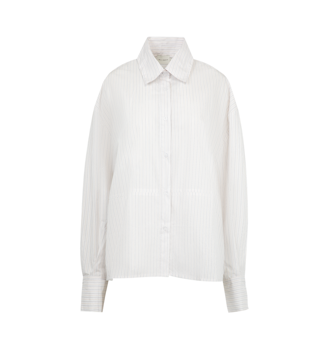 Image 1 of 2 - WHITE - DEIJI STUDIOS Room Shirt featuring long sleeves, button-up front, wide set shoulder and soft stand collar. 100% cotton.