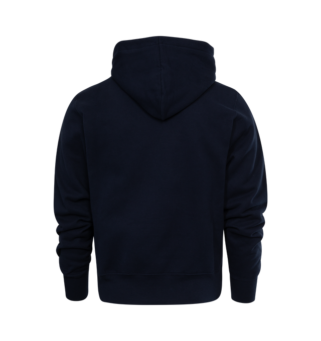 Image 2 of 2 - NAVY - SAINT LAURENT Cassandre Hoodie featuring kangaroo pocket, tonal cassandre on the chest, adjustable drawstring hood and ribbed trims. 100% cotton. Made in Italy.  