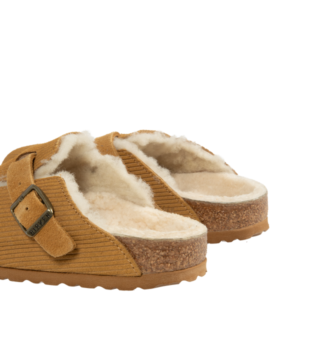 Image 3 of 4 - BROWN - BIRKENSTOCK Boston Teddy Shearling Clog featuring contoured footbed, embossed suede upper, genuine teddy shearling footbed lining, flexible EVA sole and adjustable strap with metal pin buckle. Made in Germany.