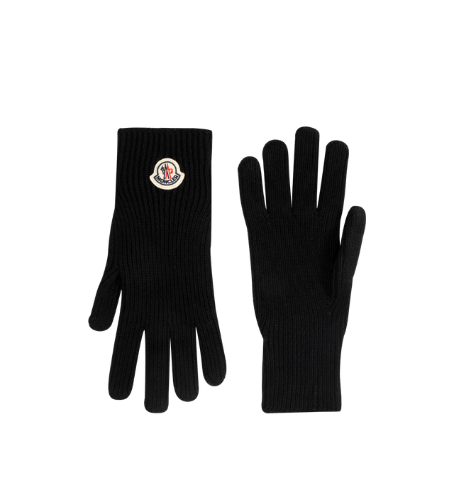 Image 1 of 3 - BLACK - MONCLER Wool Gloves featuring ultra-fine wool, brioche stitch, gauge 7 and a logo patch. 100% virgin wool. Made in Italy.