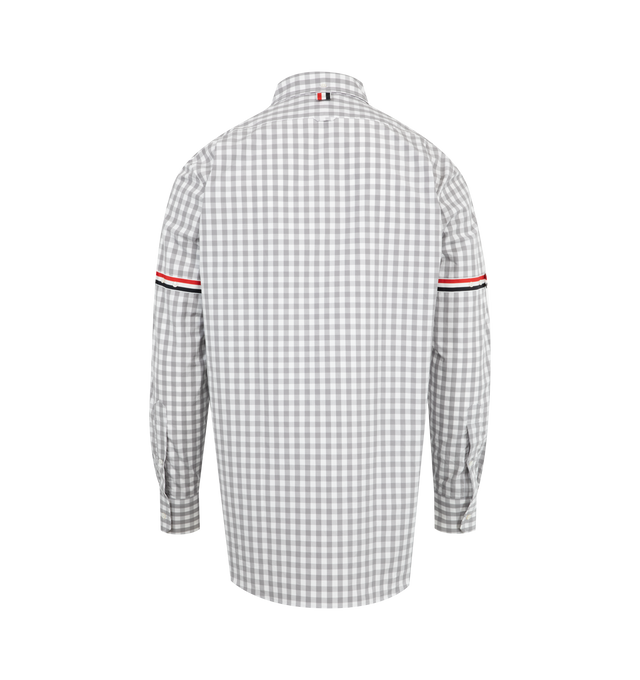 Image 2 of 2 - GREY - THOM BROWNE Gingham Check Armband Shirt featuring signature grosgrain armbands, iconic name tag applique, front button closure, chest patch pocket, pleated back yoke with locker loop and signature striped grosgrain loop tab. 100% cotton. Made in Italy.