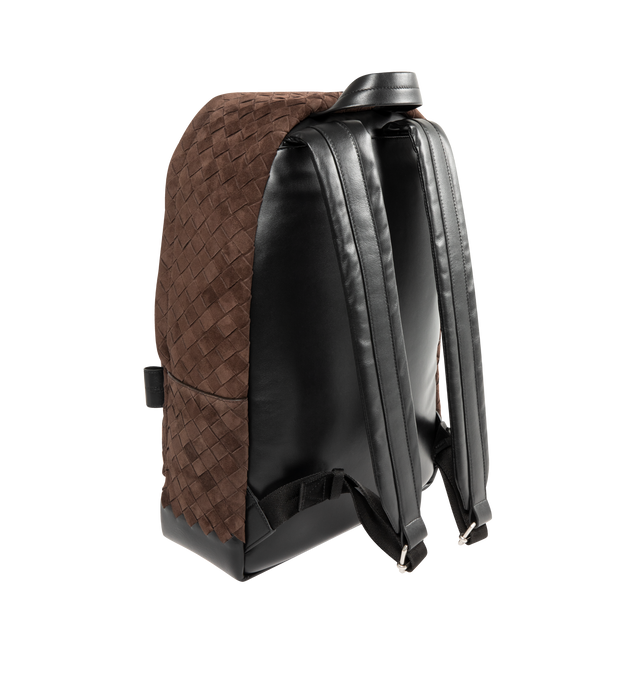 Image 2 of 3 - BROWN - BOTTEGA VENETA Suede Intrecciato Backpack featuring a zip fastening, a single exterior zipped pocket, top handle and a single interior laptop compartment. 46cm x 30cm x 14cm. 100% suede.