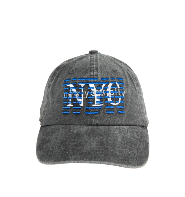 Image 1 of 2 - GREY - WHO DECIDES WAR NYC Cap featuring fading throughout, graphic embroidered at face, embroidered eyelets at crown, curved brim, adjustable cinch strap at back face and logo-engraved antiqued gold-tone hardware. 100% cotton. Made in China. 