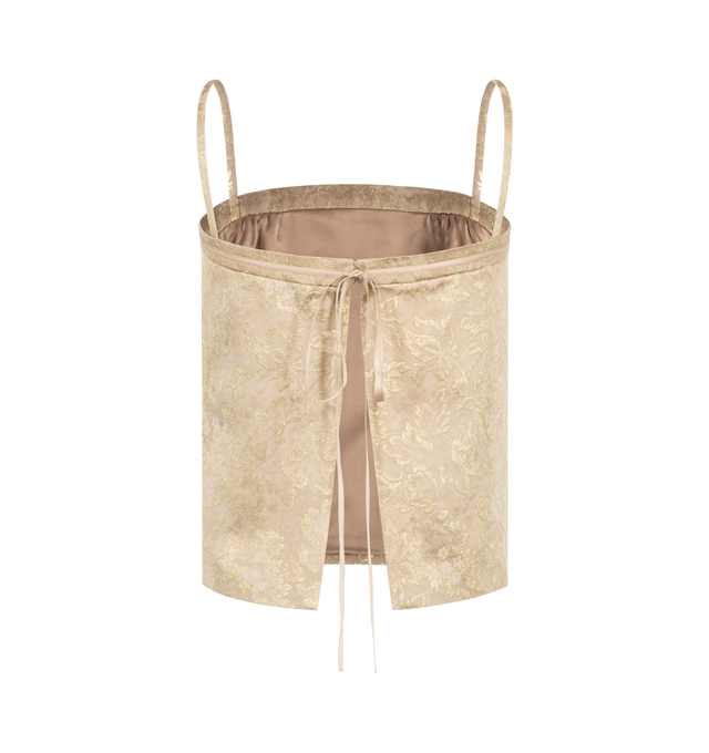 Image 2 of 2 - NEUTRAL - Saint Laurent spaghetti strap shift top featuring an open back tied with a ribbon, decorated with a metallic floral brocade motif. Crafted from certified viscose with silk lining featuring ribbon tie closure with hook-and-eye safety at the backstraight neckline. Made in Italy.