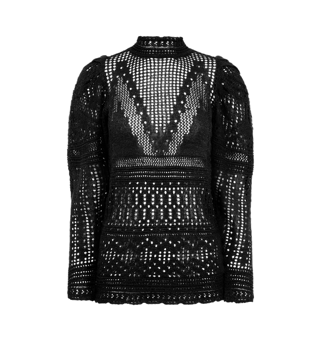 Image 1 of 2 - BLACK - ISABEL MARANT Dahara Knitted Top featuring lightweight openwork cotton knit sweater, stand-up collar, long mutton sleeves, buttoned teardrop-shaped opening in back, see-through effect and fitted. 45% cotton, 30% viscose, 25% paper.