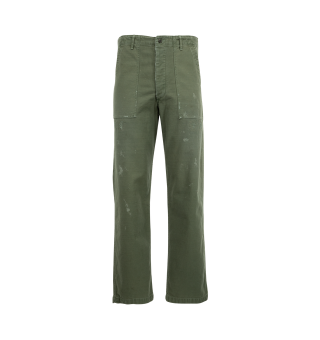 Image 1 of 3 - GREEN - FULLCOUNT Utility Trouser featuring loose, straight fit, high rise, button fly, two side entry pockets, two button flap pockets and double felled seams. 100% cotton.