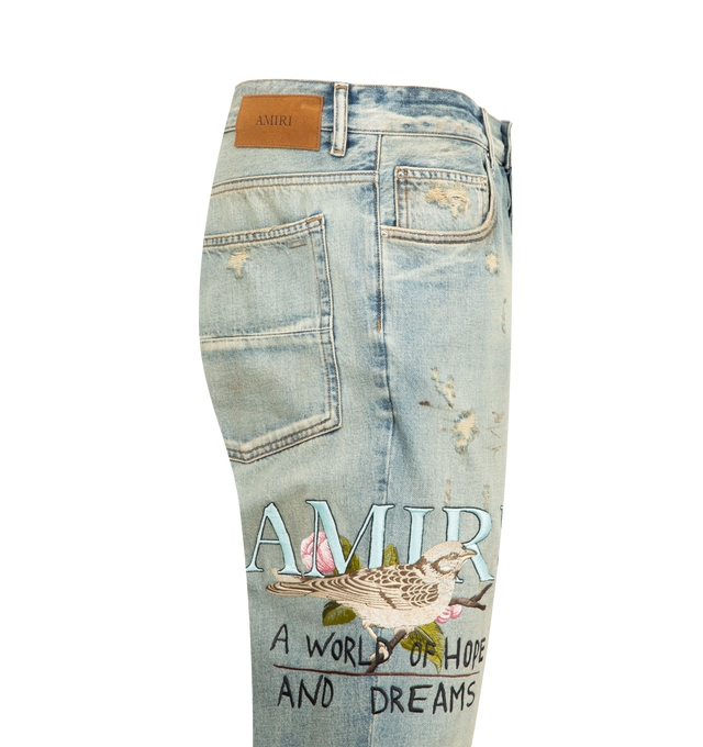 Image 3 of 4 - BLUE - AMIRI Chateau MX1 Straight Flare Jean featuring a straight flare fit, distressed detailing, 5 pocket style and embroidered logo. Cotton.