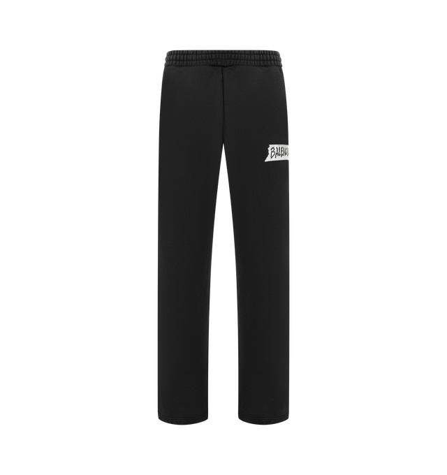 Image 1 of 3 - BLACK - BALENCIAGA Masking Tape Baggy Pants featuring heavy fleece, mid-waist, elasticated waistband, 2 slash pockets and masking tape artwork on left leg. 100% cotton. Made in Portugal.