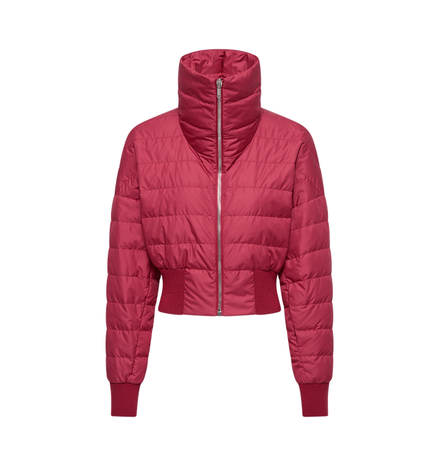 Image 1 of 1 - RED - RICK OWENS X MONCLER Cropped Down Jacket featuring polyester taffeta, ultra-light polyester lining, wool blend knit trim, down-filled, stand collar, zipper closure, zipped pockets and embroidered logo patch. 100% polyester. Padding: 90% down, 10% feather. Unisex style offered in Moncler sizing. For assistance selecting the best size from this collection please contact our dedicated stylist team at personalshopping@hirshleifers.com