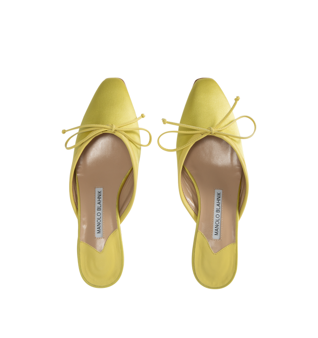Image 4 of 4 - GREEN - Manolo Blahnik Satin Bow Ballerina Flats in a slide-on style featuring grosgrain trim and bow accent, 10 mm flat heel, almond toe, leather outsole and leather lining. Made in Italy.
