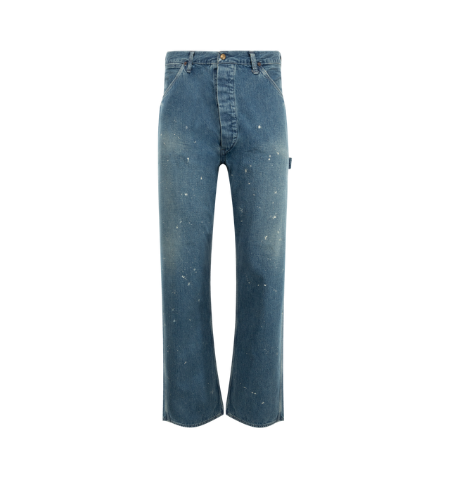 Image 1 of 3 - BLUE - ORSLOW Denim Painters Pants Used Wash Jean featuring 9oz original denim, button fly, top snap button, coin pocket, tool pocket on right foot, hammer loop on left foot, large rounded back pocket design and 3 needle stitch sewing on the side. 100% cotton. Made in Japan.