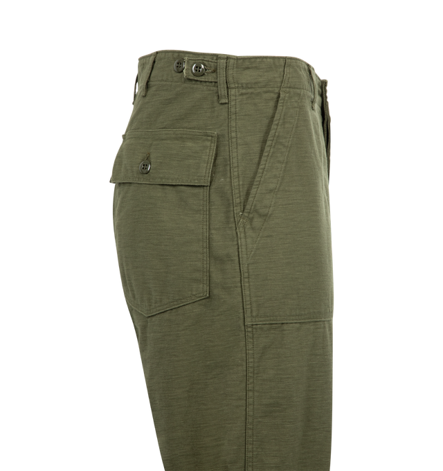 Image 3 of 3 - GREEN - ORSLOW Fatigue Pants featuring mid rise, side cinch waist, large front patch pockets and relaxed fit. 100% cotton. Made in Japan.