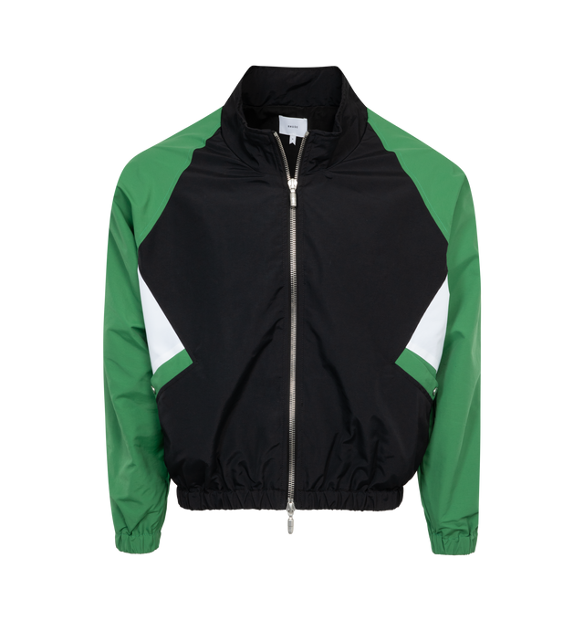 Image 1 of 2 - GREEN - RHUDE Colorblock Track Jacket featuring mock collar, long sleeves, elasticized cuffs, slant snap-down pockets, elasticized waistband and two-way zip closure. 100% nylon. 