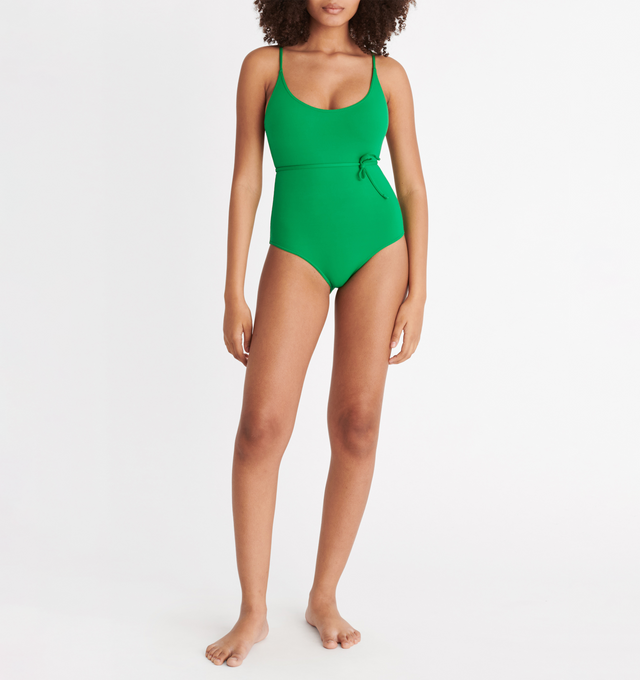 Image 3 of 6 - GREEN - ERES Cosmic Tank One-Piece Swimsuit featuring adjustable spaghetti straps linked in the lower back with a belt to tie at the waist, round neckline and belt with branded tips. 84% Polyamid, 16% Spandex. Made in Morocco. 