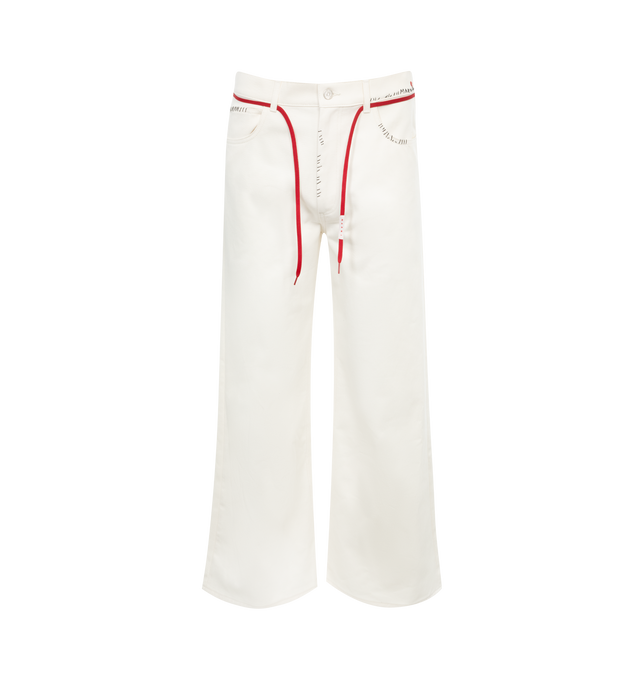Image 1 of 3 - WHITE - MARNI Tie-Waist Straight-Leg Trousers featuring five-pocket style, raw-edge hem, zip fly, button-front closure and leather logo label on the back. 100% cotton. Made in Italy. 