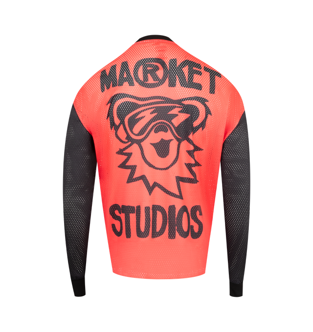 Image 2 of 4 - RED - MARKET X GD Moto Jersey featuring long sleeves, crewneck, logo graphics on front, back and sleeves and contrasting collar and sleeves. Mesh jersey.